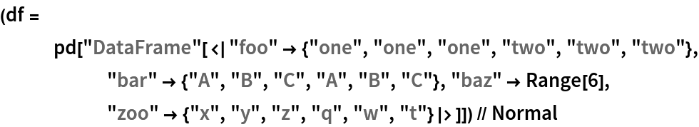 (df = pd[
    "DataFrame"[<|"foo" -> {"one", "one", "one", "two", "two", "two"},
       "bar" -> {"A", "B", "C", "A", "B", "C"}, "baz" -> Range[6], "zoo" -> {"x", "y", "z", "q", "w", "t"}|>]]) // Normal