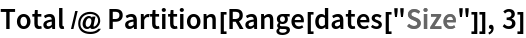 Total /@ Partition[Range[dates["Size"]], 3]