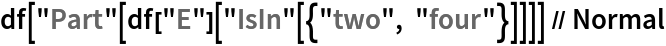 df["Part"[df["E"]["IsIn"[{"two", "four"}]]]] // Normal