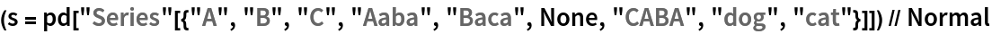 (s = pd["Series"[{"A", "B", "C", "Aaba", "Baca", None, "CABA", "dog", "cat"}]]) // Normal