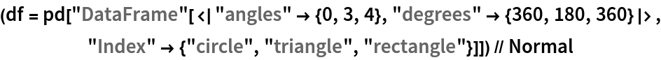 (df = pd[
    "DataFrame"[<|"angles" -> {0, 3, 4}, "degrees" -> {360, 180, 360}|>,
      "Index" -> {"circle", "triangle", "rectangle"}]]) // Normal