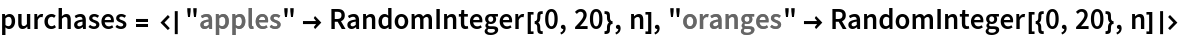 purchases = <|"apples" -> RandomInteger[{0, 20}, n], "oranges" -> RandomInteger[{0, 20}, n]|>