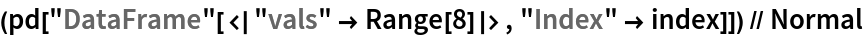 (pd["DataFrame"[<|"vals" -> Range[8]|>, "Index" -> index]]) // Normal