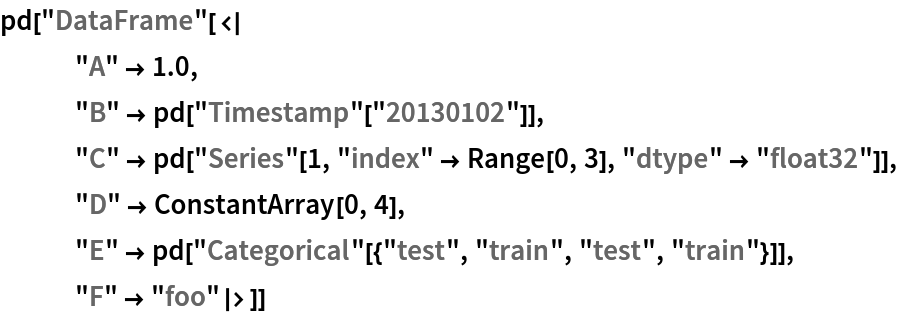 pd["DataFrame"[<|
   "A" -> 1.0,
   "B" -> pd["Timestamp"["20130102"]],
   "C" -> pd["Series"[1, "index" -> Range[0, 3], "dtype" -> "float32"]],
   "D" -> ConstantArray[0, 4],
   "E" -> pd["Categorical"[{"test", "train", "test", "train"}]],
   "F" -> "foo"|>]]