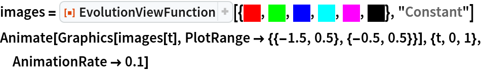images = ResourceFunction["EvolutionViewFunction"][{\!\(\*
GraphicsBox[
TagBox[RasterBox[RawArray["Real32",{{{1., 0., 0.}}}], {{0, 1}, {1, 0}}, {0., 1.},
ColorFunction->RGBColor],
BoxForm`ImageTag["Real32", ColorSpace -> "RGB", Interleaving -> True],
       
Selectable->False],
DefaultBaseStyle->"ImageGraphics",
ImageSizeRaw->{1, 1},
PlotRange->{{0, 1}, {0, 1}}]\), \!\(\*
GraphicsBox[
TagBox[RasterBox[RawArray["Real32",{{{0., 1., 0.}}}], {{0, 1}, {1, 0}}, {0., 1.},
ColorFunction->RGBColor],
BoxForm`ImageTag["Real32", ColorSpace -> "RGB", Interleaving -> True],
       
Selectable->False],
DefaultBaseStyle->"ImageGraphics",
ImageSizeRaw->{1, 1},
PlotRange->{{0, 1}, {0, 1}}]\), \!\(\*
GraphicsBox[
TagBox[RasterBox[RawArray["Real32",{{{0., 0., 1.}}}], {{0, 1}, {1, 0}}, {0., 1.},
ColorFunction->RGBColor],
BoxForm`ImageTag["Real32", ColorSpace -> "RGB", Interleaving -> True],
       
Selectable->False],
DefaultBaseStyle->"ImageGraphics",
ImageSizeRaw->{1, 1},
PlotRange->{{0, 1}, {0, 1}}]\), \!\(\*
GraphicsBox[
TagBox[RasterBox[RawArray["Real32",{{{0., 1., 1.}}}], {{0, 1}, {1, 0}}, {0., 1.},
ColorFunction->RGBColor],
BoxForm`ImageTag["Real32", ColorSpace -> "RGB", Interleaving -> True],
       
Selectable->False],
DefaultBaseStyle->"ImageGraphics",
ImageSizeRaw->{1, 1},
PlotRange->{{0, 1}, {0, 1}}]\), \!\(\*
GraphicsBox[
TagBox[RasterBox[RawArray["Real32",{{{1., 0., 1.}}}], {{0, 1}, {1, 0}}, {0., 1.},
ColorFunction->RGBColor],
BoxForm`ImageTag["Real32", ColorSpace -> "RGB", Interleaving -> True],
       
Selectable->False],
DefaultBaseStyle->"ImageGraphics",
ImageSizeRaw->{1, 1},
PlotRange->{{0, 1}, {0, 1}}]\), \!\(\*
GraphicsBox[
TagBox[RasterBox[RawArray["Real32",{{0.}}], {{0, 1}, {1, 0}}, {0., 1.},
ColorFunction->GrayLevel],
BoxForm`ImageTag[
       "Real32", ColorSpace -> "Grayscale", Interleaving -> None],
Selectable->False],
DefaultBaseStyle->"ImageGraphics",
ImageSizeRaw->{1, 1},
PlotRange->{{0, 1}, {0, 1}}]\)}, "Constant"]
Animate[Graphics[images[t], PlotRange -> {{-1.5, 0.5}, {-0.5, 0.5}}], {t, 0, 1}, AnimationRate -> 0.1]
