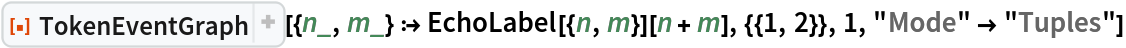 ResourceFunction[
 "TokenEventGraph", ResourceSystemBase -> "https://www.wolframcloud.com/obj/resourcesystem/api/1.0"][{n_, m_} :> EchoLabel[{n, m}][n + m], {{1, 2}}, 1, "Mode" -> "Tuples"]