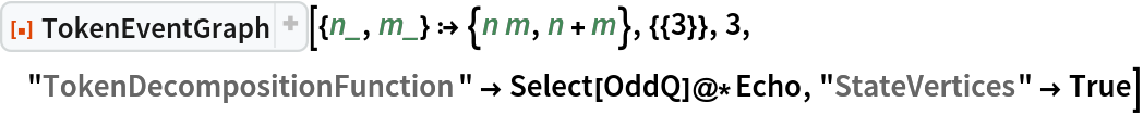 ResourceFunction["TokenEventGraph", ResourceVersion->"3.0.0"][{n_, m_} :> {n m, n + m}, {{3}}, 3, "TokenDecompositionFunction" -> Select[OddQ]@*Echo, "StateVertices" -> True]