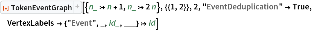 ResourceFunction["TokenEventGraph", ResourceVersion->"3.0.0"][{n_ :> n + 1, n_ :> 2 n}, {{1, 2}}, 2, "EventDeduplication" -> True, VertexLabels -> {"Event", _, id_, ___} :> id]
