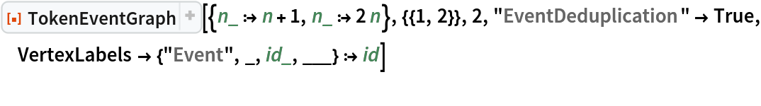 ResourceFunction[
 "TokenEventGraph", ResourceSystemBase -> "https://www.wolframcloud.com/obj/resourcesystem/api/1.0"][{n_ :> n + 1, n_ :> 2 n}, {{1, 2}}, 2, "EventDeduplication" -> True, VertexLabels -> {"Event", _, id_, ___} :> id]
