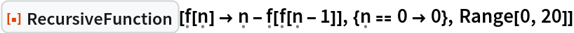 ResourceFunction[
 "RecursiveFunction"][\[FormalF][\[FormalN]] -> \[FormalN] - \[FormalF][\[FormalF][\[FormalN] - 1]], {\[FormalN] == 0 -> 0}, Range[0, 20]]