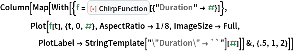 Column[Map[
  With[{f = ResourceFunction["ChirpFunction"][{"Duration" -> #}]},
    Plot[f[t], {t, 0, #}, AspectRatio -> 1/8, ImageSize -> Full, PlotLabel -> StringTemplate["\"Duration\" \[Rule] ``"][#]]] &, {.5, 1, 2}]]