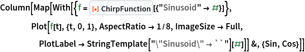 Column[Map[
  With[{f = ResourceFunction["ChirpFunction"][{"Sinusoid" -> #}]},
    Plot[f[t], {t, 0, 1}, AspectRatio -> 1/8, ImageSize -> Full, PlotLabel -> StringTemplate["\"Sinusoid\" \[Rule] ``"][#]]] &, {Sin, Cos}]]