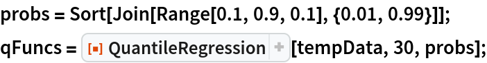 probs = Sort[Join[Range[0.1, 0.9, 0.1], {0.01, 0.99}]];
qFuncs = ResourceFunction["QuantileRegression"][tempData, 30, probs];