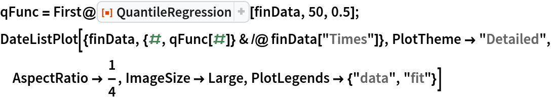 qFunc = First@ResourceFunction["QuantileRegression"][finData, 50, 0.5];
DateListPlot[{finData, {#, qFunc[#]} & /@ finData["Times"]}, PlotTheme -> "Detailed", AspectRatio -> 1/4, ImageSize -> Large, PlotLegends -> {"data", "fit"}]