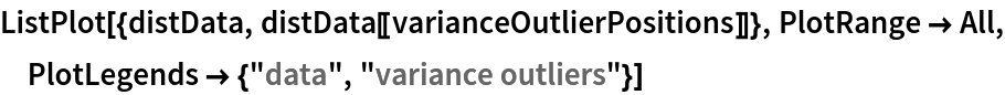 ListPlot[{distData, distData[[varianceOutlierPositions]]}, PlotRange -> All, PlotLegends -> {"data", "variance outliers"}]