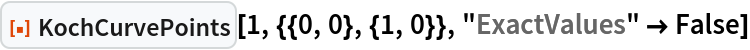 ResourceFunction["KochCurvePoints"][1, {{0, 0}, {1, 0}}, "ExactValues" -> False]