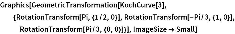 Graphics[
 GeometricTransformation[
  KochCurve[3], {RotationTransform[Pi, {1/2, 0}], RotationTransform[-Pi/3, {1, 0}], RotationTransform[Pi/3, {0, 0}]}], ImageSize -> Small]