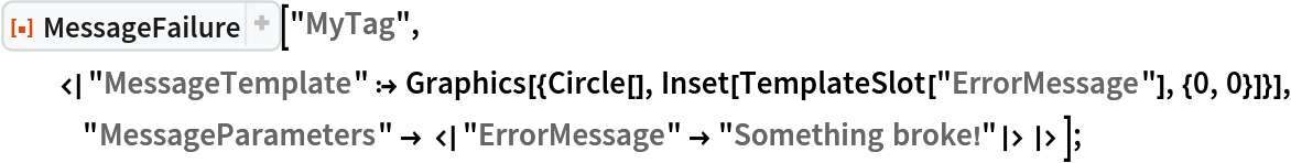 ResourceFunction["MessageFailure"]["MyTag",
  <|"MessageTemplate" :> Graphics[{Circle[], Inset[TemplateSlot["ErrorMessage"], {0, 0}]}],
    "MessageParameters" -> <|"ErrorMessage" -> "Something broke!"|>|>];