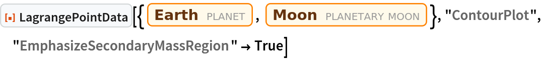 ResourceFunction["LagrangePointData", ResourceVersion->"1.0.0"][{Entity["Planet", "Earth"], Entity["PlanetaryMoon", "Moon"]}, "ContourPlot", "EmphasizeSecondaryMassRegion" -> True]