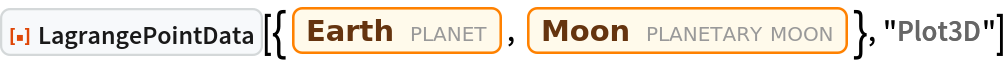 ResourceFunction["LagrangePointData", ResourceVersion->"1.0.0"][{Entity["Planet", "Earth"], Entity["PlanetaryMoon", "Moon"]}, "Plot3D"]