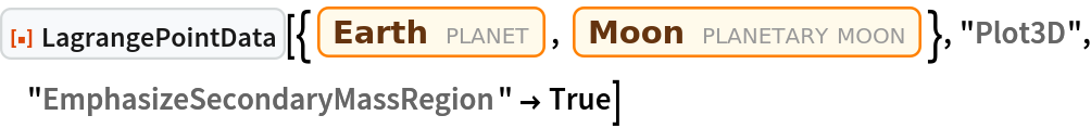 ResourceFunction["LagrangePointData", ResourceVersion->"1.0.0"][{Entity["Planet", "Earth"], Entity["PlanetaryMoon", "Moon"]}, "Plot3D", "EmphasizeSecondaryMassRegion" -> True]