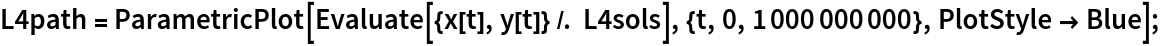 L4path = ParametricPlot[Evaluate[{x[t], y[t]} /. L4sols], {t, 0, 1000000000},
    PlotStyle -> Blue];