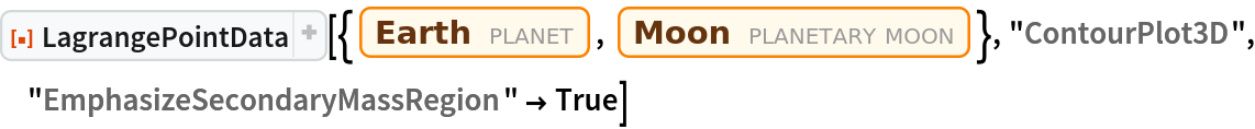 ResourceFunction["LagrangePointData", ResourceVersion->"1.0.1"][{Entity["Planet", "Earth"], Entity["PlanetaryMoon", "Moon"]}, "ContourPlot3D", "EmphasizeSecondaryMassRegion" -> True]