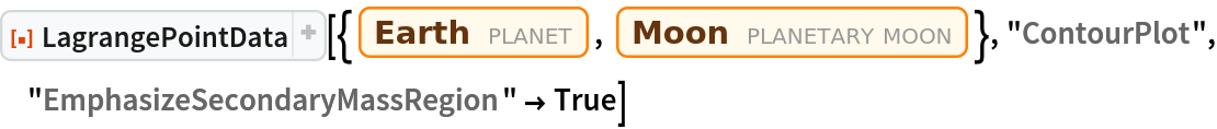 ResourceFunction["LagrangePointData", ResourceVersion->"1.0.1"][{Entity["Planet", "Earth"], Entity["PlanetaryMoon", "Moon"]}, "ContourPlot", "EmphasizeSecondaryMassRegion" -> True]