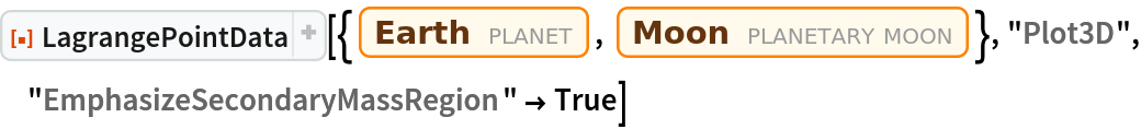 ResourceFunction["LagrangePointData", ResourceVersion->"1.0.1"][{Entity["Planet", "Earth"], Entity["PlanetaryMoon", "Moon"]}, "Plot3D", "EmphasizeSecondaryMassRegion" -> True]