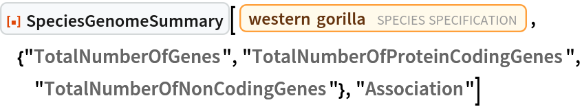 ResourceFunction["SpeciesGenomeSummary"][
 Entity["TaxonomicSpecies", "GorillaGorilla::57mg3"], {"TotalNumberOfGenes", "TotalNumberOfProteinCodingGenes", "TotalNumberOfNonCodingGenes"}, "Association"]