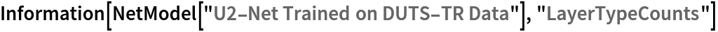 Information[
 NetModel["U2-Net Trained on DUTS-TR Data"], "LayerTypeCounts"]