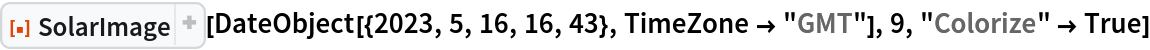 ResourceFunction["SolarImage"][
 DateObject[{2023, 5, 16, 16, 43}, TimeZone -> "GMT"], 9, "Colorize" -> True]