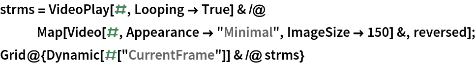 strms = VideoPlay[#, Looping -> True] & /@ Map[Video[#, Appearance -> "Minimal", ImageSize -> 150] &, reversed];
Grid@{Dynamic[#["CurrentFrame"]] & /@ strms}