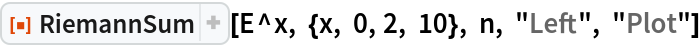 ResourceFunction["RiemannSum"][E^x, {x, 0, 2, 10}, n, "Left", "Plot"]