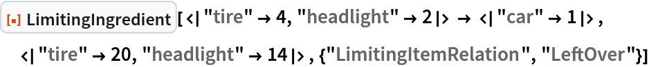 ResourceFunction[
 "LimitingIngredient"][<|"tire" -> 4, "headlight" -> 2|> -> <|
   "car" -> 1|>, <|"tire" -> 20, "headlight" -> 14|>, {"LimitingItemRelation", "LeftOver"}]