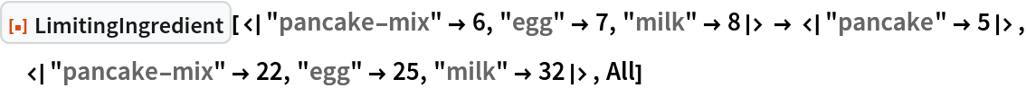 ResourceFunction[
 "LimitingIngredient"][<|"pancake-mix" -> 6, "egg" -> 7, "milk" -> 8|> -> <|"pancake" -> 5|>, <|"pancake-mix" -> 22, "egg" -> 25, "milk" -> 32|>, All]