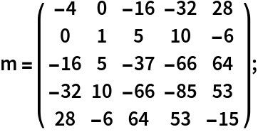 m = ( {
    {-4, 0, -16, -32, 28},
    {0, 1, 5, 10, -6},
    {-16, 5, -37, -66, 64},
    {-32, 10, -66, -85, 53},
    {28, -6, 64, 53, -15}
   } );