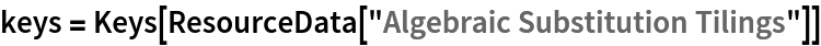 keys = Keys[ResourceData[\!\(\*
TagBox["\"\<Algebraic Substitution Tilings\>\"",
#& ,
BoxID -> "ResourceTag-Algebraic Substitution Tilings-Input",
AutoDelete->True]\)]]