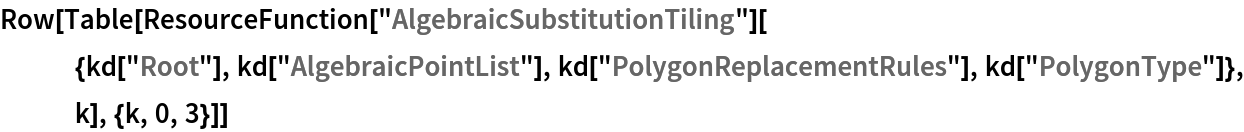 Row[Table[
  ResourceFunction["AlgebraicSubstitutionTiling"][{kd["Root"], kd["AlgebraicPointList"], kd["PolygonReplacementRules"], kd["PolygonType"]}, k], {k, 0, 3}]]