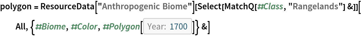 polygon = ResourceData[\!\(\*
TagBox["\"\<Anthropogenic Biome\>\"",
#& ,
BoxID -> "ResourceTag-Anthropogenic Biome-Input",
AutoDelete->True]\)][Select[MatchQ[#Class, "Rangelands"] &]][
  All, {#Biome, #Color, #Polygon[DateObject[{1700}, "Year"]]} &]