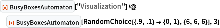 ResourceFunction["BusyBoxesAutomaton"]["Visualization"] /@ ResourceFunction["BusyBoxesAutomaton"][
  RandomChoice[{.9, .1} -> {0, 1}, {6, 6, 6}], 3]