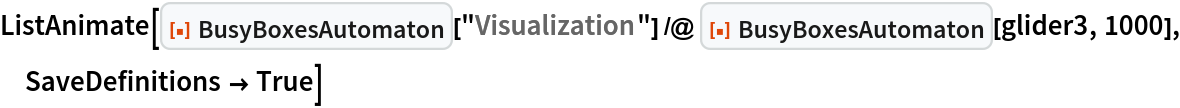 ListAnimate[
 ResourceFunction["BusyBoxesAutomaton"]["Visualization"] /@ ResourceFunction["BusyBoxesAutomaton"][glider3, 1000], SaveDefinitions -> True]