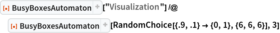 ResourceFunction["BusyBoxesAutomaton"]["Visualization"] /@ ResourceFunction["BusyBoxesAutomaton"][
  RandomChoice[{.9, .1} -> {0, 1}, {6, 6, 6}], 3]