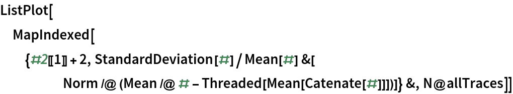 ListPlot[
 MapIndexed[{#2[[1]] + 2, StandardDeviation[#]/Mean[#] &[
     Norm /@ (Mean /@ # - Threaded[Mean[Catenate[#]]])]} &, N@allTraces]]