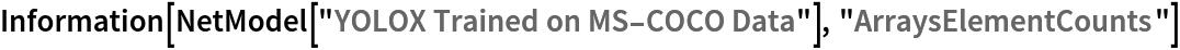 Information[
 NetModel["YOLOX Trained on MS-COCO Data"], "ArraysElementCounts"]