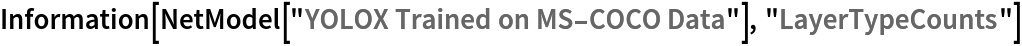 Information[
 NetModel["YOLOX Trained on MS-COCO Data"], "LayerTypeCounts"]