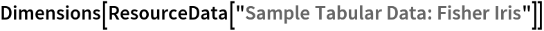 Dimensions[ResourceData[\!\(\*
TagBox["\"\<Sample Tabular Data: Fisher Iris\>\"",
#& ,
BoxID -> "ResourceTag-Sample Tabular Data: Fisher Iris-Input",
AutoDelete->True]\)]]