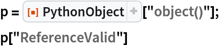 p = ResourceFunction["PythonObject"]["object()"];
p["ReferenceValid"]