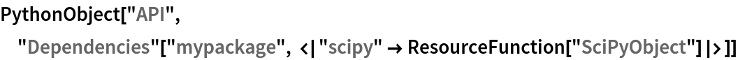 PythonObject["API", "Dependencies"[
  "mypackage", <|"scipy" -> ResourceFunction["SciPyObject"]|>]]