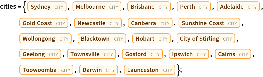 cities = {Entity["City", {"Sydney", "NewSouthWales", "Australia"}], Entity["City", {"Melbourne", "Victoria", "Australia"}], Entity["City", {"Brisbane", "Queensland", "Australia"}], Entity["City", {"Perth", "WesternAustralia", "Australia"}], Entity["City", {"Adelaide", "SouthAustralia", "Australia"}], Entity["City", {"GoldCoast", "Queensland", "Australia"}], Entity["City", {"Newcastle", "NewSouthWales", "Australia"}], Entity["City", {"Canberra", "AustralianCapitalTerritory", "Australia"}], Entity["City", {"SunshineCoast", "Queensland", "Australia"}], Entity["City", {"Wollongong", "NewSouthWales", "Australia"}], Entity["City", {"Blacktown", "NewSouthWales", "Australia"}], Entity["City", {"Hobart", "Tasmania", "Australia"}], Entity["City", {"CityOfStirling", "WesternAustralia", "Australia"}], Entity["City", {"Geelong", "Victoria", "Australia"}], Entity["City", {"Townsville", "Queensland", "Australia"}], Entity["City", {"Gosford", "NewSouthWales", "Australia"}], Entity["City", {"Ipswich", "Queensland", "Australia"}], Entity["City", {"Cairns", "Queensland", "Australia"}], Entity["City", {"Toowoomba", "Queensland", "Australia"}], Entity["City", {"Darwin", "NorthernTerritory", "Australia"}], Entity["City", {"Launceston", "Tasmania", "Australia"}]};